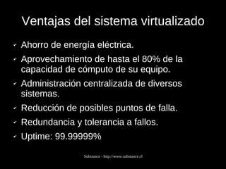 Ventajas del sistema virtualizado Ahorro de energía eléctrica. Aprovechamiento de hasta el 80% de la capacidad de cómputo de su equipo. Administración centralizada de diversos sistemas. Reducción de posibles puntos de falla. Redundancia y tolerancia a fallos. Uptime: 99.99999% 