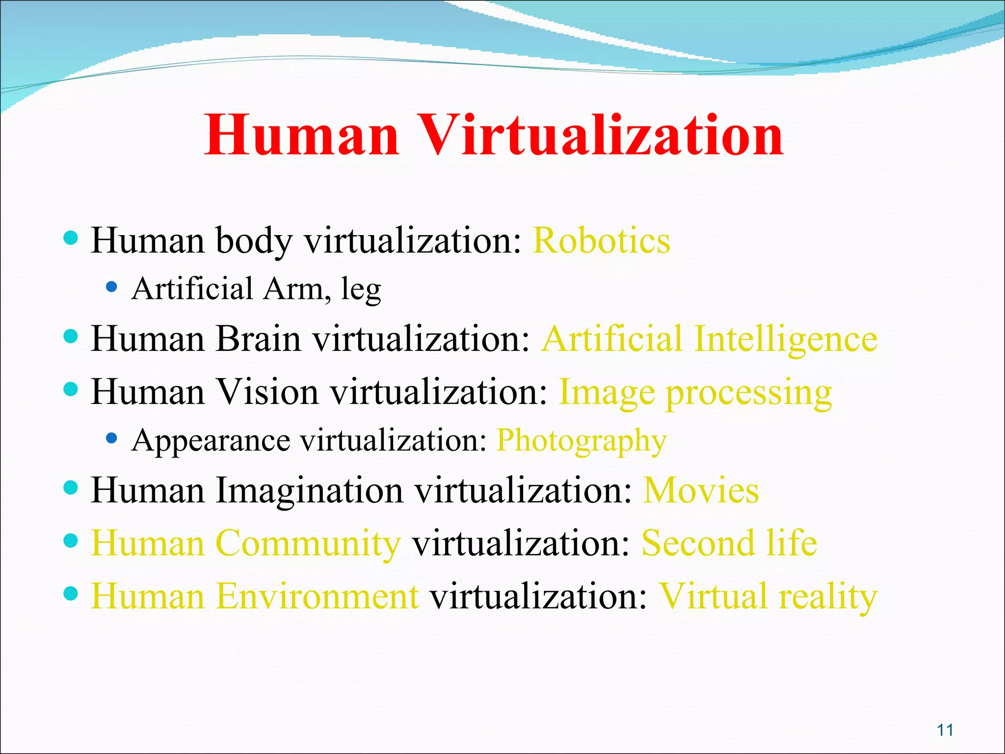Human Virtualization Human body virtualization:  Robotics   Artificial Arm, leg Human Brain virtualization:  Artificial Intelligence Human Vision virtualization:  Image processing   Appearance virtualization:  Photography Human Imagination virtualization:  Movies Human Community  virtualization:  Second life Human Environment  virtualization:  Virtual reality 