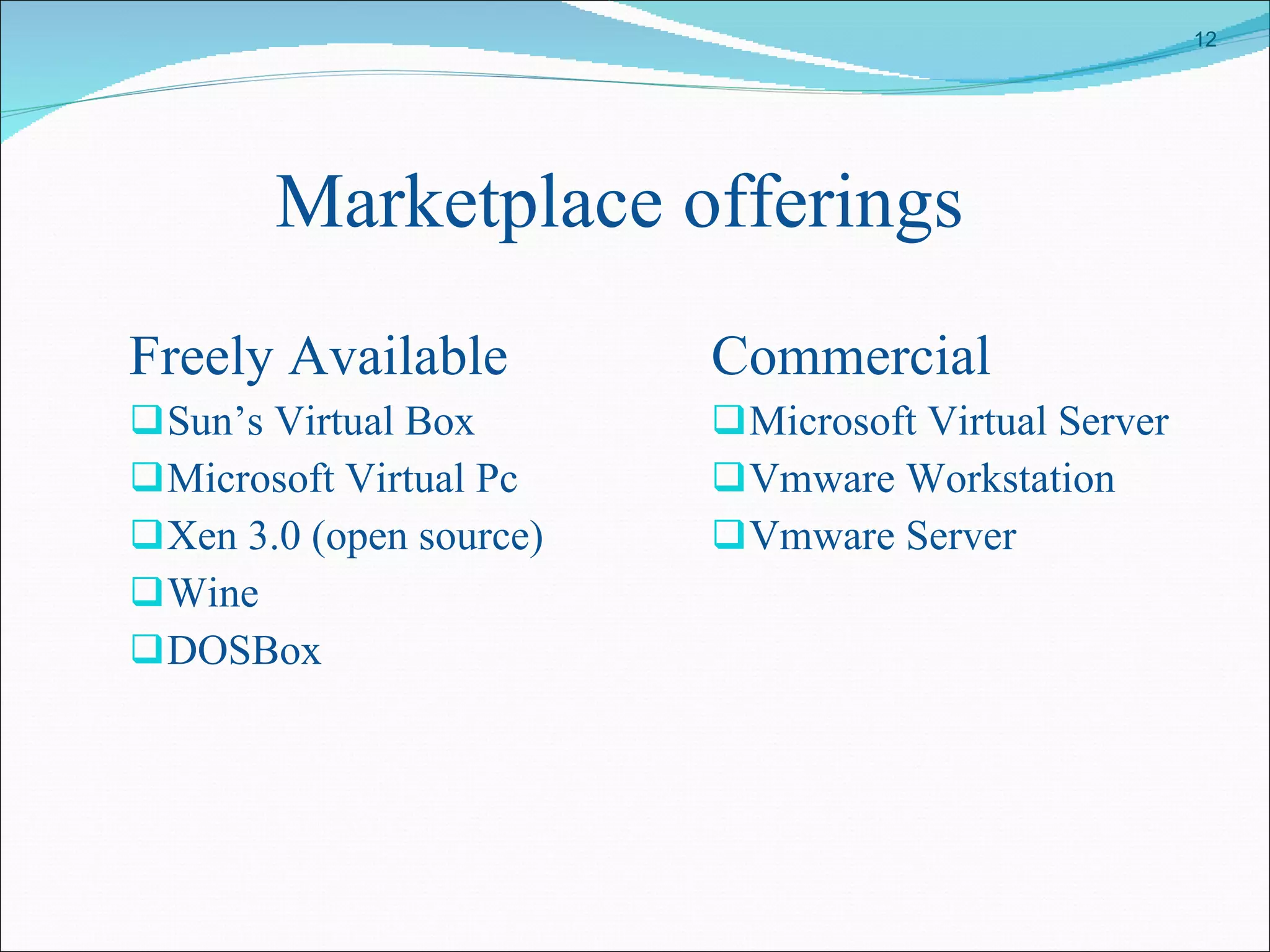 Marketplace offerings Freely Available Sun’s Virtual Box Microsoft Virtual Pc Xen 3.0 (open source) Wine DOSBox Commercial Microsoft Virtual Server Vmware Workstation Vmware Server 