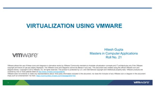 VIRTUALIZATION USING VMWARE

Hitesh Gupta
Masters in Computer Applications
Roll No. 21
VMware allows the use of these icons and diagrams in derivative works by VMware Community members to illustrate virtualization concepts and IT architectures only if the VMware
copyright and terms of use are clearly displayed. The VMware icons and diagrams cannot be altered in any way. This document was created using the official VMware icon and
diagram library. Copyright © 2012 VMware, Inc. All rights reserved. This product is protected by U.S. and international copyright and intellectual property laws. VMware products are
covered by one or more patents listed at http://www.vmware.com/go/patents.
VMware does not endorse or make any representations about third party information included in this document, nor does the inclusion of any VMware icon or diagram in this document
imply such an endorsement. Go here: https://communities.vmware.com/message/2037163

1

 