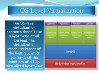 OS Level Virtualization
An OS-level
virtualization
approach doesn't use
a hypervisor at all.
Instead, the
virtualization
capability is part of
the host OS, which
performs all the
functions of a fully
virtualized hypervisor
 