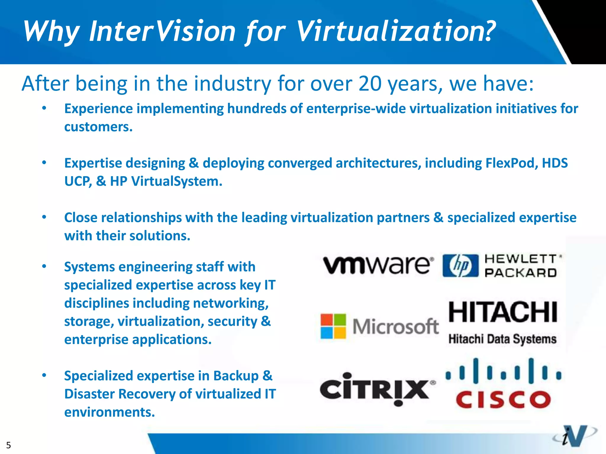 5
Why InterVision for Virtualization?
After being in the industry for over 20 years, we have:
• Experience implementing hundreds of enterprise-wide virtualization initiatives for
customers.
• Expertise designing & deploying converged architectures, including FlexPod, HDS
UCP, & HP VirtualSystem.
• Close relationships with the leading virtualization partners & specialized expertise
with their solutions.
• Systems engineering staff with
specialized expertise across key IT
disciplines including networking,
storage, virtualization, security &
enterprise applications.
• Specialized expertise in Backup &
Disaster Recovery of virtualized IT
environments.
 