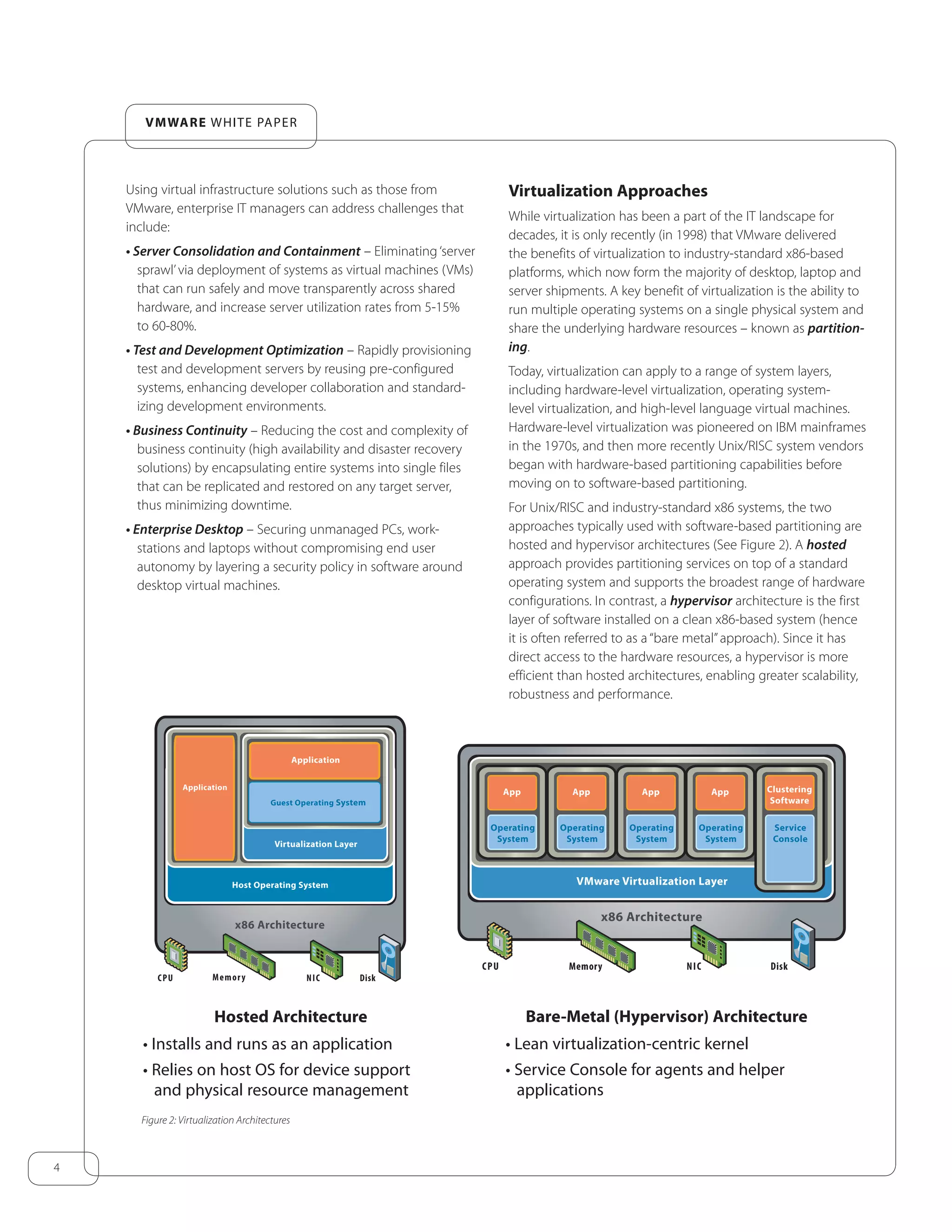 VMWARE WHITE PAPER
Using virtual infrastructure solutions such as those from
VMware, enterprise IT managers can address challenges that
include:
• Server Consolidation and Containment – Eliminating ‘server• Server Consolidation and Containment – Eliminating ‘server• Server Consolidation and Containment
sprawl’via deployment of systems as virtual machines (VMs)
that can run safely and move transparently across shared
hardware, and increase server utilization rates from 5-15%
to 60-80%.
• Test and Development Optimization – Rapidly provisioning
test and development servers by reusing pre-configured
systems, enhancing developer collaboration and standard-
izing development environments.
• Business Continuity – Reducing the cost and complexity of• Business Continuity – Reducing the cost and complexity of• Business Continuity
business continuity (high availability and disaster recovery
solutions) by encapsulating entire systems into single files
that can be replicated and restored on any target server,
thus minimizing downtime.
• Enterprise Desktop – Securing unmanaged PCs, work-
stations and laptops without compromising end user
autonomy by layering a security policy in software around
desktop virtual machines.
�����������
���������������������
����������������
����������������������
�����������
��������������������
��� ��� ����������
���
����������
������
���
����������
������
���
����������
������
���
����������
������
�������
�������
���������������������������
����������������
����������
��������
��� ��� ����������
Figure 2: Virtualization Architectures
Virtualization Approaches
While virtualization has been a part of the IT landscape for
decades, it is only recently (in 1998) that VMware delivered
the benefits of virtualization to industry-standard x86-based
platforms, which now form the majority of desktop, laptop and
server shipments. A key benefit of virtualization is the ability to
run multiple operating systems on a single physical system and
share the underlying hardware resources – known as partition-
ing.
Today, virtualization can apply to a range of system layers,
including hardware-level virtualization, operating system-
level virtualization, and high-level language virtual machines.
Hardware-level virtualization was pioneered on IBM mainframes
in the 1970s, and then more recently Unix/RISC system vendors
began with hardware-based partitioning capabilities before
moving on to software-based partitioning.
For Unix/RISC and industry-standard x86 systems, the two
approaches typically used with software-based partitioning are
hosted and hypervisor architectures (See Figure 2). A hosted
approach provides partitioning services on top of a standard
operating system and supports the broadest range of hardware
configurations. In contrast, a hypervisor architecture is the firsthypervisor architecture is the firsthypervisor
layer of software installed on a clean x86-based system (hence
it is often referred to as a “bare metal”approach). Since it has
direct access to the hardware resources, a hypervisor is more
efficient than hosted architectures, enabling greater scalability,
robustness and performance.
Hosted Architecture
• Installs and runs as an application
• Relies on host OS for device support
and physical resource management
Bare-Metal (Hypervisor) Architecture
• Lean virtualization-centric kernel
• Service Console for agents and helper
applications
4
 