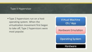 Type II Hypervisor 
 Type 2 hypervisors run on a host 
operating system. When the 
virtualization movement first began 
to take off, Type 2 hypervisors were 
most popular. 
 