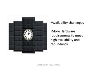 •Availability challenges
•More Hardware
requirements to meet
high availability and
redundancy.
Compiled by Ragesh Nair
 