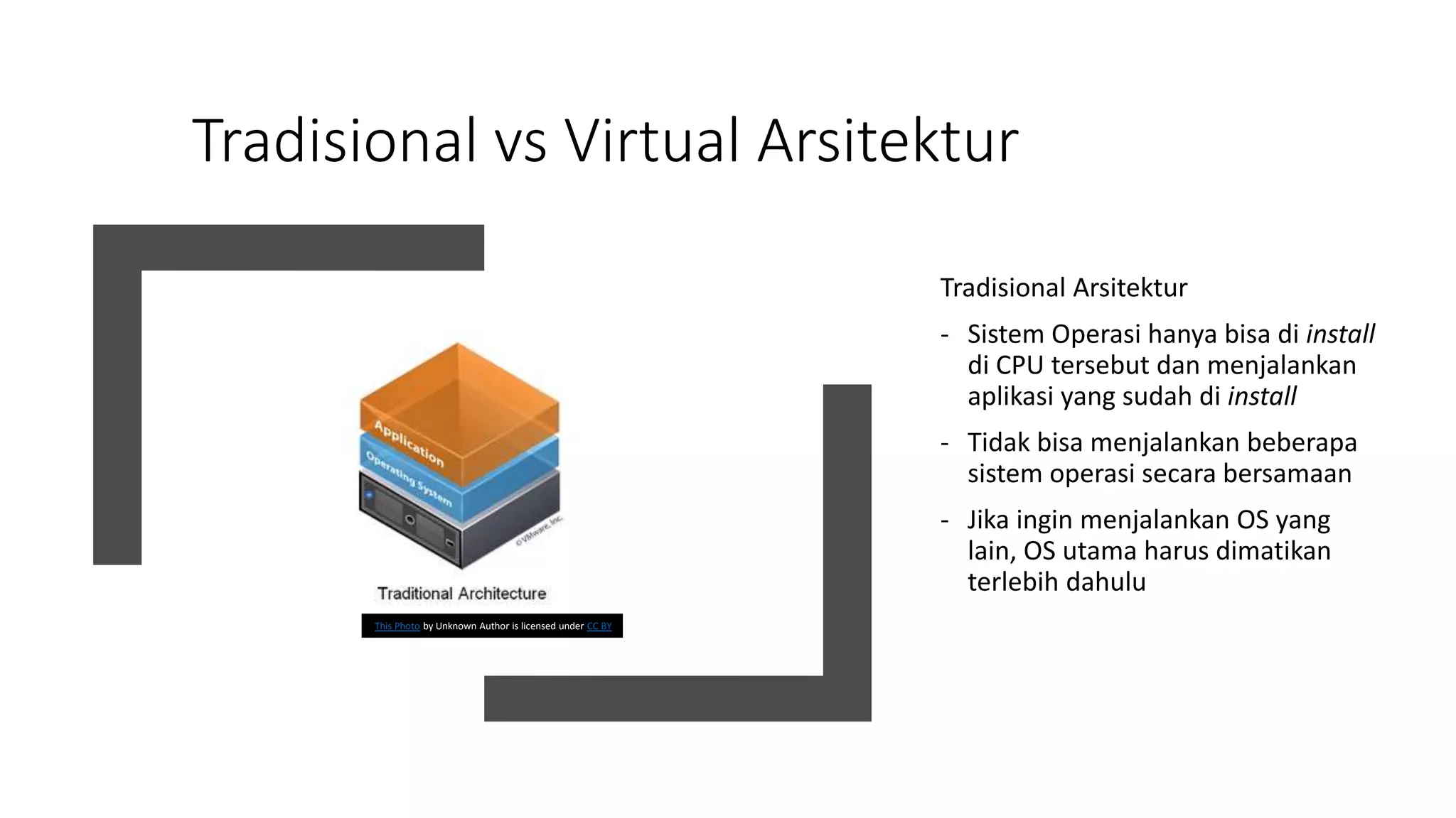 Tradisional vs Virtual Arsitektur
Tradisional Arsitektur
- Sistem Operasi hanya bisa di install
di CPU tersebut dan menjalankan
aplikasi yang sudah di install
- Tidak bisa menjalankan beberapa
sistem operasi secara bersamaan
- Jika ingin menjalankan OS yang
lain, OS utama harus dimatikan
terlebih dahulu
This Photo by Unknown Author is licensed under CC BY
 