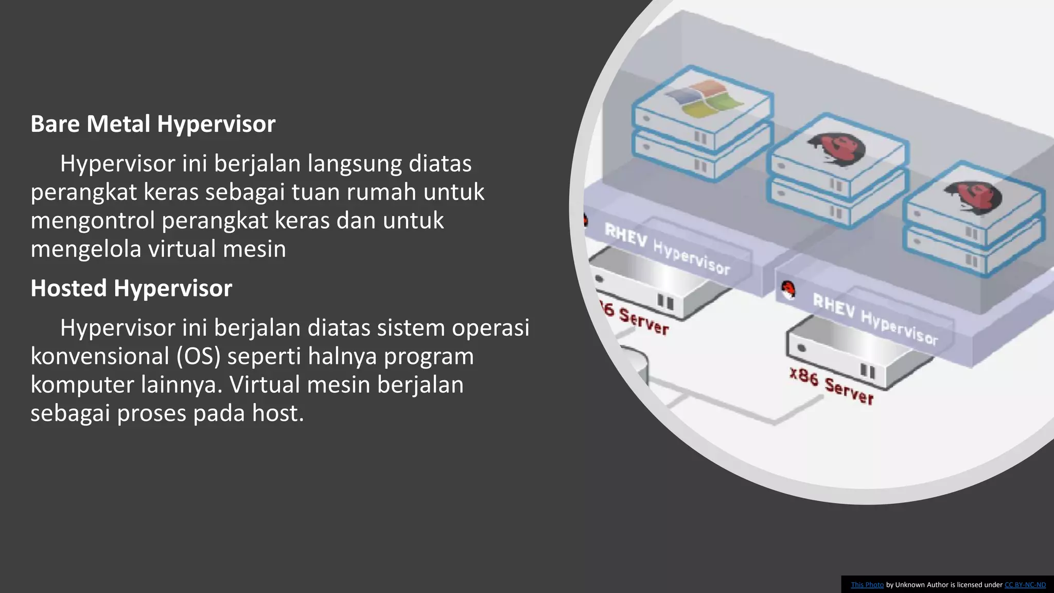 Bare Metal Hypervisor
Hypervisor ini berjalan langsung diatas
perangkat keras sebagai tuan rumah untuk
mengontrol perangkat keras dan untuk
mengelola virtual mesin
Hosted Hypervisor
Hypervisor ini berjalan diatas sistem operasi
konvensional (OS) seperti halnya program
komputer lainnya. Virtual mesin berjalan
sebagai proses pada host.
This Photo by Unknown Author is licensed under CC BY-NC-ND
 