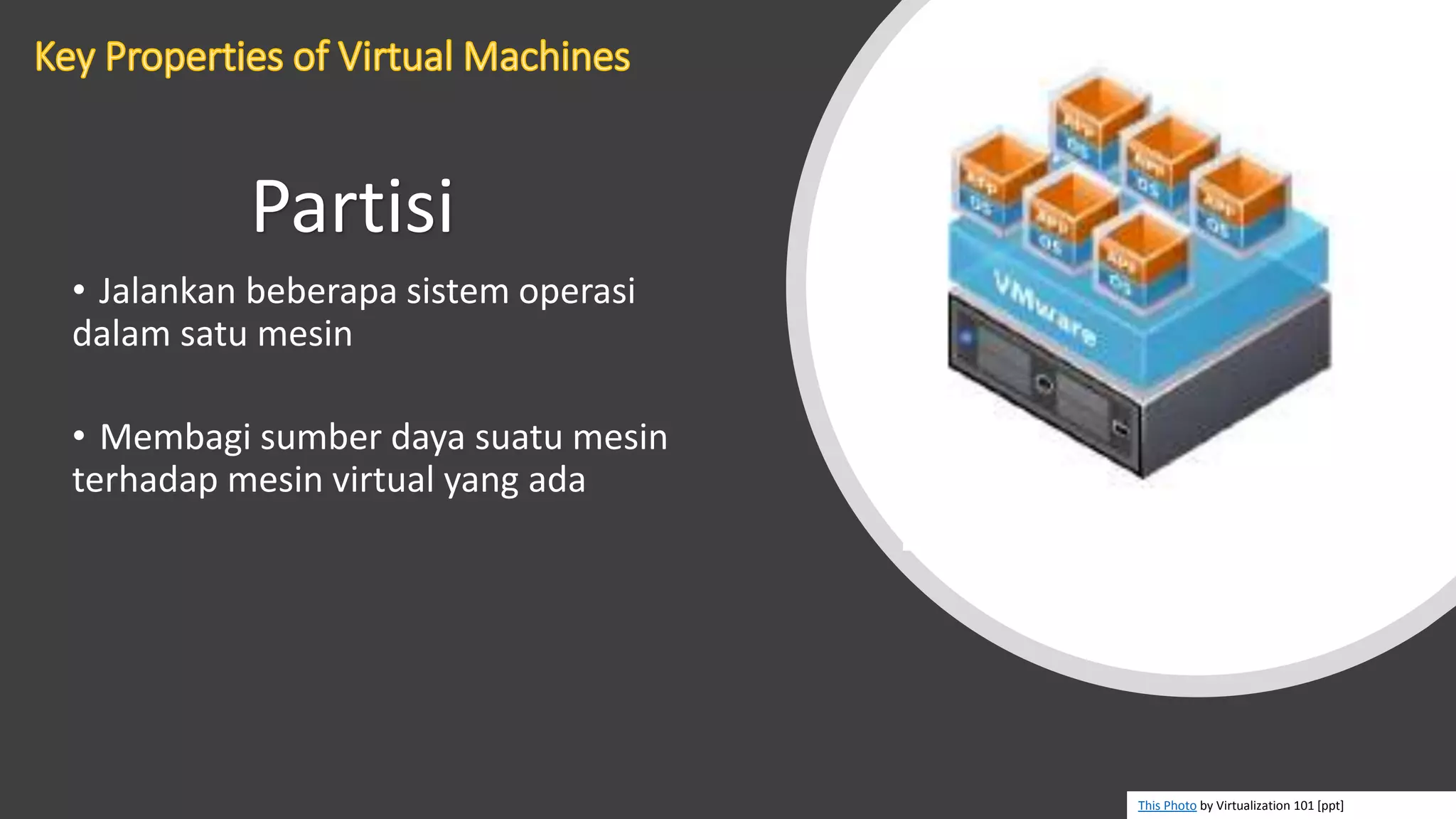 • Jalankan beberapa sistem operasi
dalam satu mesin
• Membagi sumber daya suatu mesin
terhadap mesin virtual yang ada
Partisi
This Photo by Virtualization 101 [ppt]
 
