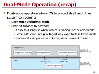 Dual-Mode Operation (recap)
 Dual-mode operation allows OS to protect itself and other
system components
 User mode and kernel mode
 Mode bit provided by hardware
 Ability to distinguish when system is running user or kernel code
 Some instructions are privileged, only executable in kernel mode
 System call changes mode to kernel, return resets it to user
19
 