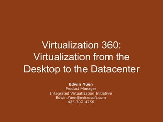 Virtualization 360:Virtualization from the Desktop to the Datacenter Edwin Yuen Product ManagerIntegrated Virtualization Initiative Edwin.Yuen@microsoft.com 425-707-4756   
