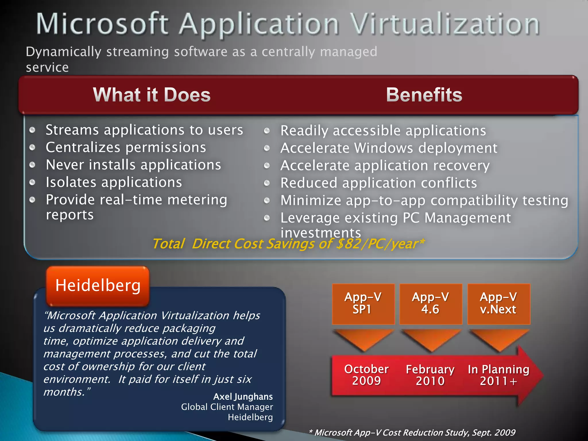 Dynamically streaming software as a centrally managed
service



   Streams applications to users            Readily accessible applications
   Centralizes permissions                  Accelerate Windows deployment
   Never installs applications              Accelerate application recovery
   Isolates applications                    Reduced application conflicts
   Provide real-time metering               Minimize app-to-app compatibility testing
   reports                                  Leverage existing PC Management
                                            investments
                        Total Direct Cost Savings of $82/PC/year*


    Heidelberg
                                                              App-V            App-V           App-V
                                                               SP1              4.6            v.Next
  “Microsoft Application Virtualization helps
  us dramatically reduce packaging
  time, optimize application delivery and
  management processes, and cut the total
  cost of ownership for our client
  environment. It paid for itself in just six
  months.”                           Axel Junghans
                              Global Client Manager
                                         Heidelberg
                                                      * Microsoft App-V Cost Reduction Study, Sept. 2009
 