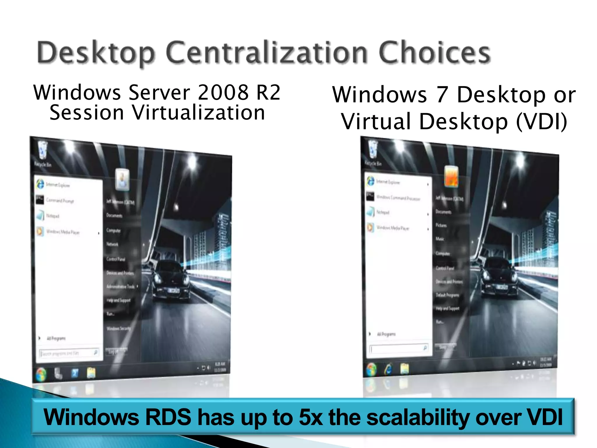 Windows Server 2008 R2    Windows 7 Desktop or
 Session Virtualization   Virtual Desktop (VDI)
 