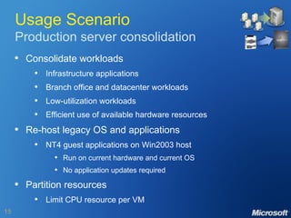 Usage Scenario Production server consolidation Consolidate workloads Infrastructure applications Branch office and datacenter workloads Low-utilization workloads Efficient use of available hardware resources Re-host legacy OS and applications NT4 guest applications on Win2003 host Run on current hardware and current OS No application updates required Partition resources Limit CPU resource per VM 