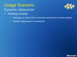 Usage Scenario Dynamic datacenter Workload mobility Package up entire OS environment and move to other location Flexible deployment of workloads 