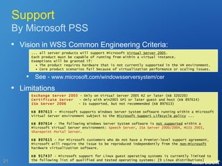 Support By Microsoft PSS Vision in WSS Common Engineering Criteria: See -  www.microsoft.com/windowsserversystem/cer Limitations ... all server products will support Microsoft  Virtual Server 2005 . Each product must be capable of running from within a virtual instance. Exemptions will be granted if: •  The product requires hardware that is not currently supported in the VM environment. •  Core product scenarios fail because of virtualization performance or scaling issues. Exchange Server 2003  - Only on Virtual Server 2005 R2 or later (KB 320220) Certificate Server   - Only with Win2003 SP1 or later guest and host (KB 897614) ISA Server 2006   - Is supported, but not recommended (KB 897613) KB 897613 -  Microsoft supports Windows Server System software running within a Microsoft Virtual Server environment subject to the  Microsoft Support Lifecycle policy  ...   KB 897614  - The following Windows Server System software is  not supported  within a Microsoft Virtual Server environment:  Speech Server ,  ISA Server 2000/2004 ,  MIIS 2003 ,  Sharepoint Portal Server . KB 897615  - For Microsoft customers who do not have a Premier-level support agreement, Microsoft will require the issue to be reproduced independently from the  non-Microsoft  hardware virtualization software. KB 917437  - Microsoft support for Linux guest operating systems is currently limited to the following list of qualified and tested operating systems: [9 Linux distributions] 
