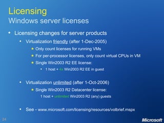 Licensing Windows server licenses Licensing changes for server products Virtualization  friendly  (after 1-Dec-2005)  Only count licenses for running VMs  For per-processor licenses, only count virtual CPUs in VM  Single Win2003 R2 EE license: 1 host +  4x  Win2003 R2 EE in guest Virtualization  unlimited  (after 1-Oct-2006)    Single Win2003 R2 Datacenter license: 1 host +  unlimited  Win2003 R2 (any) guests See -  www.microsoft.com/licensing/resources/volbrief.mspx 