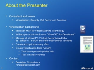 About the Presenter Consultant and trainer Virtualization, Security, ISA Server and Forefront Virtualization background: Microsoft MVP for Virtual Machine Technology Whitepaper at microsoft.com:  "Virtual PC for Developers" Manage all Virtual PC / Virtual Server-based labs at TechEd / IT Forum and other international TechEds  Create and optimize many VMs Create virtualization tools (Virsoft) Tools to analyse and optimize VMs Tools to handle VHD-files Contact: Beekelaar Consultancy [email_address] 