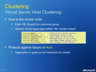 Clustering Virtual Server Host Clustering Host is the cluster node Each VM (Guest) is a resource group Generic Script  havm.vbs  makes VM "cluster-aware" Protects against failure of  Host Application in guest is not monitored by cluster Function  Open ()  [..]  'starts Virtual Server service Function  Online ()  [..]  'send  start  control to VM Function  LooksAlive ()  [..]  'quick check if VM is alive Function  IsAlive ()  [..]  'thorough check if VM is alive Function  Offline ()  [..]  'send  save state  control to VM Function  Terminate ()  [..]  'best attempt to take offline 