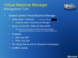 Virtual Machine Manager Management Tool System Center Virtual Machine Manager Code name: "Carmine"  (= color: rgb 150-0-24  ) Incorrect name: Virtual Server Manager Shown at WinHEC 2006 (23-May-2006) See mms://wm.microsoft.com/ms/windowsserversystem/   systemcenter/WinHEC_Content_For_TechEd_MBR.wmv Available Beta: Sep 2006 RTM: ~Oct 2007 For Virtual Server and for Windows Virtualization Is MMC console VM VM VM VM VM VM VM VM VM VM VM VM VM VM VM VM VM VM VM VM VM VM VM VM 