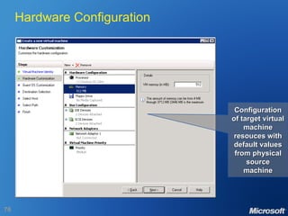 Hardware Configuration Configuration of target virtual machine resouces with default values from physical source machine 