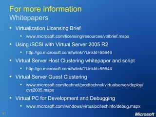 For more information Whitepapers Virtualization Licensing Brief www.microsoft.com/licensing/resources/volbrief.mspx Using iSCSI with Virtual Server 2005 R2 http://go.microsoft.com/fwlink/?LinkId=55646 Virtual Server Host Clustering whitepaper and script http://go.microsoft.com/fwlink/?LinkId=55644 Virtual Server Guest Clustering www.microsoft.com/technet/prodtechnol/virtualserver/deploy/ cvs2005.mspx Virtual PC for Development and Debugging www.microsoft.com/windows/virtualpc/techinfo/debug.mspx 