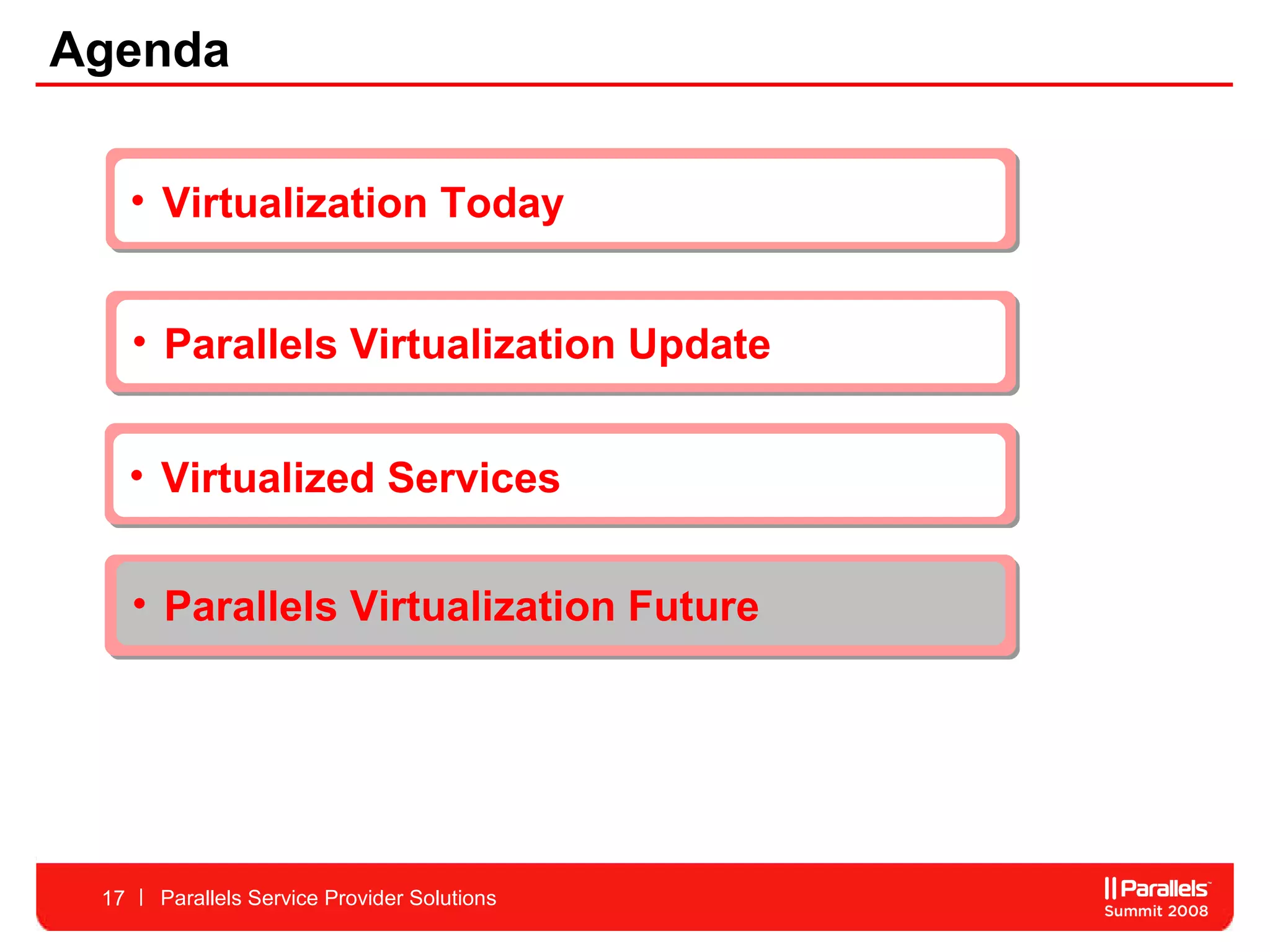 Parallels Virtualization Update Parallels Service Provider Solutions Virtualization Today Virtualized Services Agenda Parallels Virtualization Future  