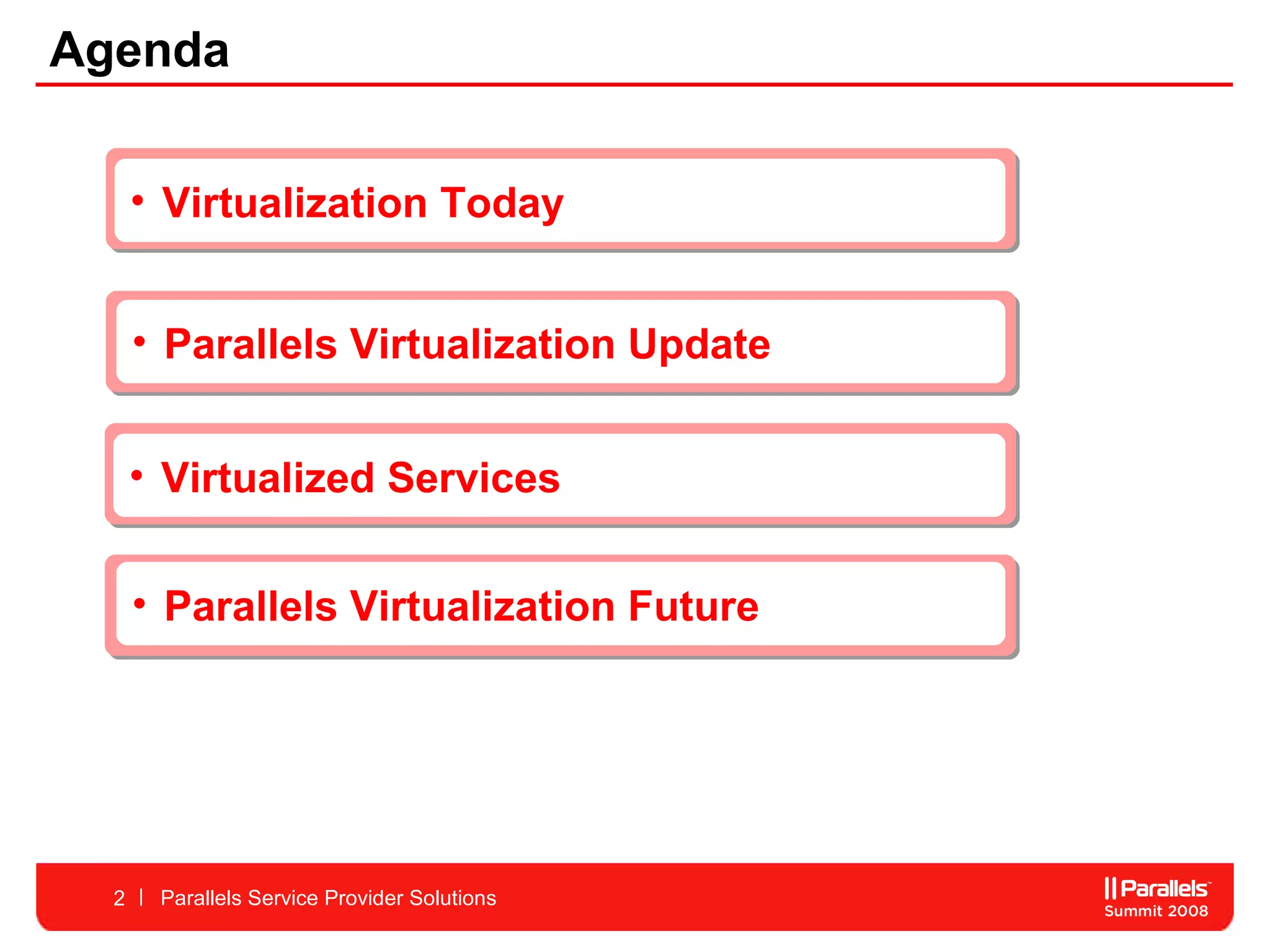 Parallels Virtualization Update Parallels Service Provider Solutions Virtualization Today Virtualized Services Agenda Parallels Virtualization Future  