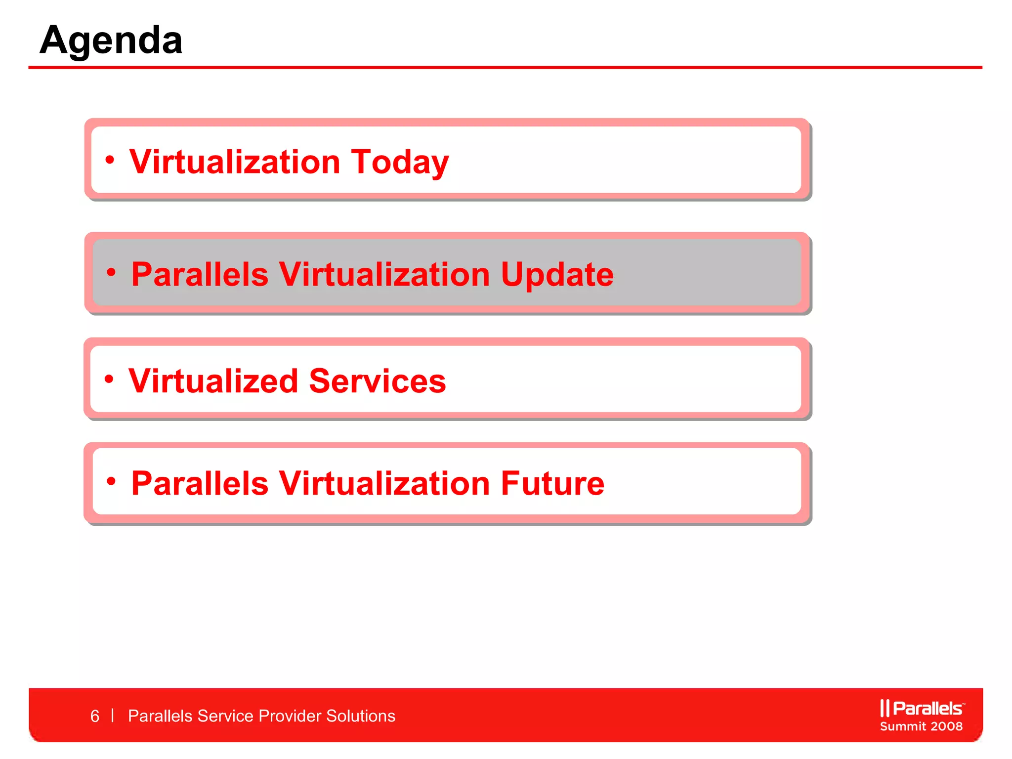 Parallels Virtualization Update Parallels Service Provider Solutions Virtualization Today Virtualized Services Agenda Parallels Virtualization Future  