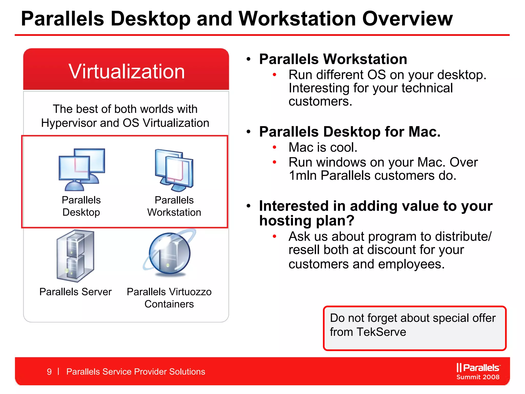 Parallels Desktop and Workstation Overview Parallels Workstation Run different OS on your desktop. Interesting for your technical customers.  Parallels Desktop for Mac. Mac is cool.  Run windows on your Mac. Over 1mln Parallels customers do.  Interested in adding value to your hosting plan?  Ask us about program to distribute/resell both at discount for your customers and employees.   Parallels Service Provider Solutions Do not forget about special offer from TekServe Virtualization Parallels Desktop Parallels Workstation Parallels Server Parallels Virtuozzo Containers The best of both worlds with Hypervisor and OS Virtualization 