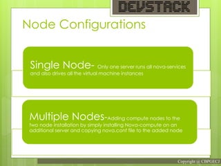 Node Configurations
Single Node- Only one server runs all nova-services
and also drives all the virtual machine instances
Multiple Nodes-Adding compute nodes to the
two node installation by simply installing Nova-compute on an
additional server and copying nova.conf file to the added node
Copyright @ CBPGECJ
 