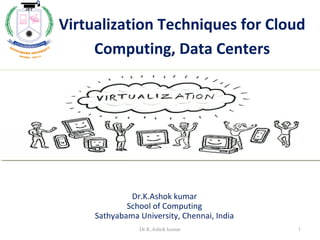 Virtualization Techniques for Cloud
Computing, Data Centers
Dr.K.Ashok kumar
School of Computing
Sathyabama University, Chennai, India
1Dr.K.Ashok kumar
 