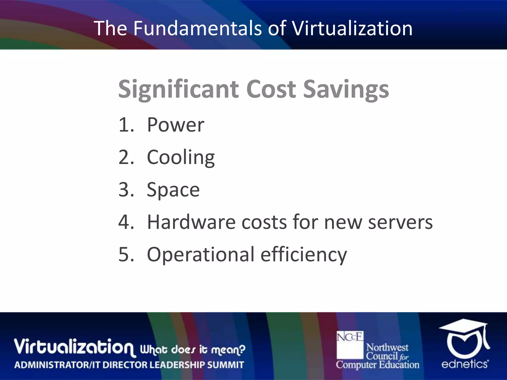 The Fundamentals of VirtualizationSignificant Cost SavingsPowerCoolingSpaceHardware costs for new serversOperational efficiency 