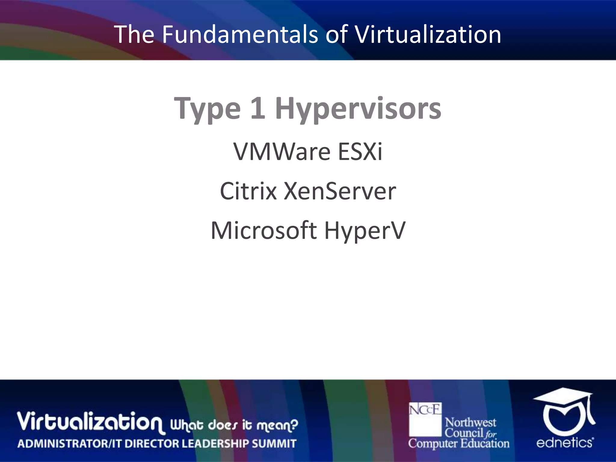 The Fundamentals of VirtualizationType 1 HypervisorsVMWareESXiCitrix XenServerMicrosoft HyperV