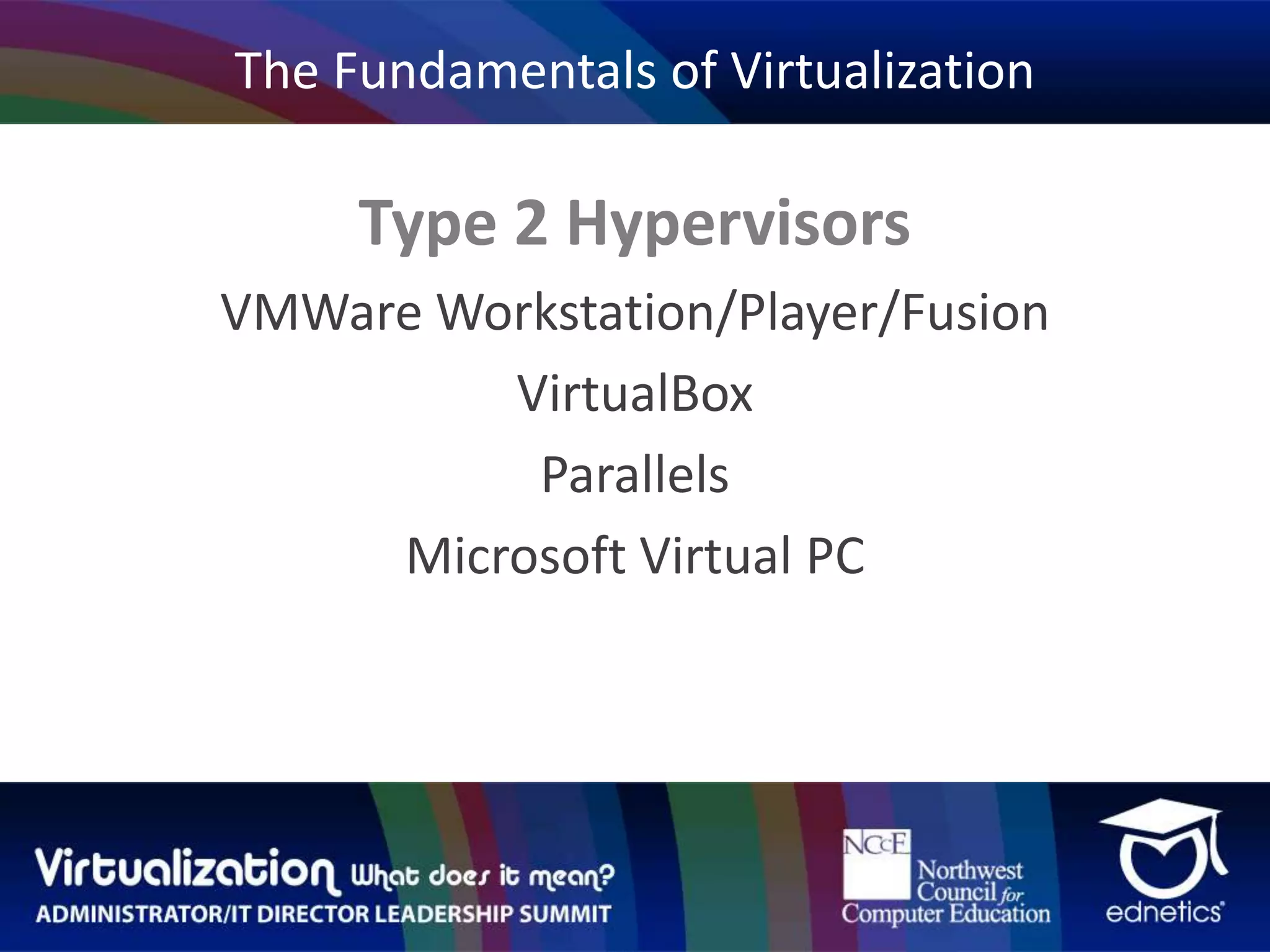 The Fundamentals of VirtualizationType 2 HypervisorsVMWare Workstation/Player/FusionVirtualBoxParallelsMicrosoft Virtual PC