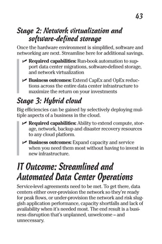 43 
Stage 2: Network virtualization and 
software-defined storage 
Once the hardware environment is simplified, software and 
networking are next. Streamline here for additional savings. 
✓ Required capabilities: Run-book automation to sup-port 
data center migrations, software-defined storage, 
and network virtualization 
✓ Business outcomes: Extend CapEx and OpEx reduc-tions 
across the entire data center infrastructure to 
maximize the return on your investments 
Stage 3: Hybrid cloud 
Big efficiencies can be gained by selectively deploying mul-tiple 
aspects of a business in the cloud. 
✓ Required capabilities: Ability to extend compute, stor-age, 
network, backup and disaster recovery resources 
to any cloud platform. 
✓ Business outcomes: Expand capacity and service 
when you need them most without having to invest in 
new infrastructure. 
IT Outcome: Streamlined and 
Automated Data Center Operations 
Service-level agreements need to be met. To get there, data 
centers either over-provision the network so they’re ready 
for peak flows, or under-provision the network and risk slug-gish 
application performance, capacity shortfalls and lack of 
availability when it’s needed most. The end result is a busi-ness 
disruption that’s unplanned, unwelcome – and 
unnecessary. 
 