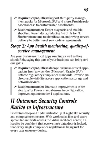 45 
✓ Required capabilities: Support third-party manage-ment 
packs for Microsoft, SAP and more. Provide role-based 
access to customizable dashboards. 
✓ Business outcomes: Faster diagnosis and trouble-shooting. 
Fewer alerts, reducing fire drills for IT. 
Shorter mean-time-to-identification, improving service 
delivery to better meet service-level agreements. 
Stage 3: App health monitoring, quality-of-service 
management 
Are your business-critical apps running as well as they 
should? Managing this part of your business can bring seri-ous 
gains. 
✓ Required capabilities: Manage business-critical appli-cations 
from any vendor (Microsoft, Oracle, SAP). 
Enforce regulatory compliance standards. Provide sin-gle- 
console visibility across applications, storage and 
network devices. 
✓ Business outcomes: Dramatic improvements in ser-vice 
quality. Fewer manual errors in configuration. 
Improved uptime on tier 1 applications. 
IT Outcome: Security Controls 
Native to Infrastructure 
Few things keep an IT administrator up at night like security 
and compliance concerns. With workloads, files and users 
spread far and wide across the virtualized data center, it’s 
hard to be confident that every single data door is locked, 
that every single compliance regulation is being met for 
every user on every device. 
 