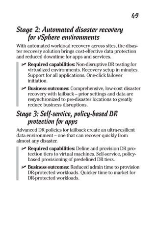 49 
Stage 2: Automated disaster recovery 
for vSphere environments 
With automated workload recovery across sites, the disas-ter 
recovery solution brings cost-effective data protection 
and reduced downtime for apps and services. 
✓ Required capabilities: Non-disruptive DR testing for 
virtualized environments. Recovery setup in minutes. 
Support for all applications. One-click failover 
initiation. 
✓ Business outcomes: Comprehensive, low-cost disaster 
recovery with failback – prior settings and data are 
resynchronized to pre-disaster locations to greatly 
reduce business disruptions. 
Stage 3: Self-service, policy-based DR 
protection for apps 
Advanced DR policies for failback create an ultra-resilient 
data environment – one that can recover quickly from 
almost any disaster. 
✓ Required capabilities: Define and provision DR pro-tection 
tiers to virtual machines. Self-service, policy-based 
provisioning of predefined DR tiers. 
✓ Business outcomes: Reduced admin time to provision 
DR-protected workloads. Quicker time to market for 
DR-protected workloads. 
 