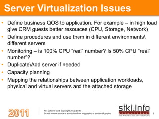 Server Virtualization IssuesDefine business QOS to application. For example – in high load give CRM guests better resources (CPU, Storage, Network)Define procedures and use them in different environments\ different servers Monitoring – is 100% CPU “real” number? Is 50% CPU “real” number”?Duplicate\Add server if neededCapacity planningMapping the relationships between application workloads, physical and virtual servers and the attached storage