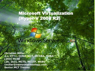 Microsoft Virtualization  (Hyper-V 2008 R2) Christian Millar A+, CTT+, CCNA, MCT, MCDBA, MCSA (2k3) MCSE (2k, 2k3), MCTS, MCITP, MSBS cmillar@neweratechnology.com Senior MCT Trainer Free Powerpoint Templates 