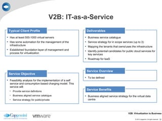 V2B: IT-as-a-Service
 Typical Client Profile                                    Deliverables

 Has at least 500-1000 virtual servers                    Business service catalogue
 Has some automation for the management of the            Service strategy for in scope services (up to 3)
  infrastructure                                           Mapping the tenants that owns/uses the infrastructure
 Established foundation layer of management and           Identify potential candidates for public cloud services for
  process for virtualization                                key services
                                                           Roadmap for IaaS



                                                           Service Overview
 Service Objective
                                                           To be defined
 Feasibility analysis for the implementation of a self
  service and consumption based charging model. This
  service will:
  • Provide service definitions
                                                           Service Benefits
  • Business aligned service catalogue                     Business aligned service strategy for the virtual data
  • Service strategy for public/private                     centre




                                                                                               V2B: Virtualization to Business

                                                                                                     © 2010 Capgemini. All rights reserved.   12
 