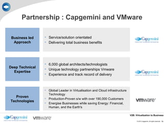 Partnership : Capgemini and VMware

 Business led     Service/solution orientated
  Approach        Delivering total business benefits




                  6,000 global architects/technologists
Deep Technical
                  Unique technology partnerships Vmware
  Expertise
                  Experience and track record of delivery



                  Global Leader in Virtualisation and Cloud infrastructure
                   Technology
   Proven         Production-Proven s/w with over 190,000 Customers
Technologies
                  Energise Businesses while saving Energy: Financial,
                   Human, and the Earth's

                                                                              V2B: Virtualization to Business

                                                                                    © 2010 Capgemini. All rights reserved.   14
 