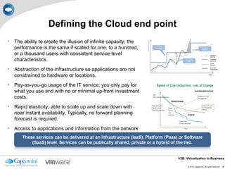 Defining the Cloud end point
 The ability to create the illusion of infinite capacity; the
  performance is the same if scaled for one, to a hundred,
  or a thousand users with consistent service-level
  characteristics.
 Abstraction of the infrastructure so applications are not
  constrained to hardware or locations.
 Pay-as-you-go usage of the IT service; you only pay for
  what you use and with no or minimal up-front investment
  costs.
 Rapid elasticity; able to scale up and scale down with
  near instant availability. Typically, no forward planning
  forecast is required.
 Access to applications and information from the network
  and on any device.



                                                                 V2B: Virtualization to Business

                                                                       © 2010 Capgemini. All rights reserved.   6
 