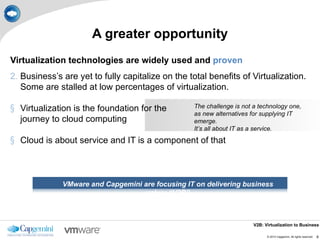 A greater opportunity
Virtualization technologies are widely used and proven
2. Business’s are yet to fully capitalize on the total benefits of Virtualization.
   Some are stalled at low percentages of virtualization.

§ Virtualization is the foundation for the        The challenge is not a technology one,
                                                  as new alternatives for supplying IT
  journey to cloud computing                      emerge.
                                                  It’s all about IT as a service.
§ Cloud is about service and IT is a component of that



              VMware and Capgemini are focusing IT on delivering business
                                    value: “V2B”



                                                                       V2B: Virtualization to Business

                                                                             © 2010 Capgemini. All rights reserved.   8
 