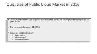 Quiz: Size of Public Cloud Market in 2016
• Guess, what was the size of public cloud market, across all cloud provider companies, in
year 2016?
• The number is between $1-500 B.
• Order for choosing winner:
1. Exact match
2. Closest match
3. Lottery tiebreaker
 
