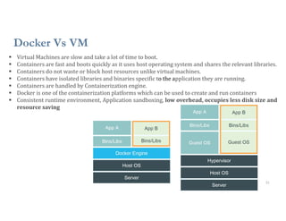 Docker Vs VM
31
 Virtual Machines are slow and take a lot of time to boot.
 Containers are fast and boots quickly as it uses host operating system and shares the relevant libraries.
 Containers do not waste or block host resources unlike virtual machines.
 Containers have isolated libraries and binaries specific to the application they are running.
 Containers are handled by Containerization engine.
 Docker is one of the containerization platforms which can be used to create and run containers
 Consistent runtime environment, Application sandboxing, low overhead, occupies less disk size and
resource saving
 