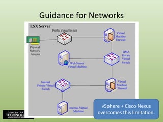 DISA STIG GuidanceRemember that ESX has roots in RHEL v3, specifically(Kernel 2.6.18-128.ESX).Thus, protecting/auditing ESX starts by protecting/auditing RHEL v3.DISA Requirement ESX0010 states:The IAO/SA will configure the ESX Server in accordance with the UNIX STIG and Checklist. This is not applicable to ESX Server 3i.Any ESX Server must first meet DISA’s general UNIX STIG, then also the ESX STIG.
