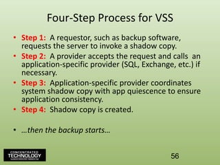 Four-Step Process for VSSStep 1:  A requestor, such as backup software, requests the server to invoke a shadow copy.Step 2:  A provider accepts the request and calls  an application-specific provider (SQL, Exchange, etc.) if necessary.Step 3:  Application-specific provider coordinates system shadow copy with app quiescence to ensure application consistency.Step 4:  Shadow copy is created.…then the backup starts…56