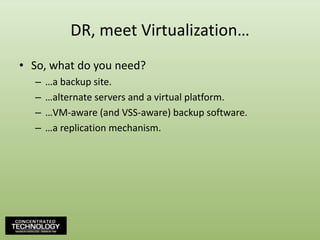 DR, meet Virtualization…So, what do you need?…a backup site.…alternate servers and a virtual platform.…VM-aware (and VSS-aware) backup software.…a replication mechanism.