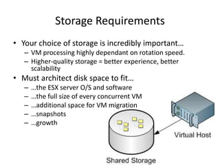 Storage RequirementsYour choice of storage is incredibly important…VM processing highly dependant on rotation speed.Higher-quality storage = better experience, better scalabilityMust architect disk space to fit……the ESX server O/S and software…the full size of every concurrent VM…additional space for VM migration…snapshots…growth