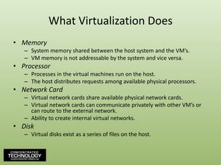 What Virtualization DoesMemorySystem memory shared between the host system and the VM’s.VM memory is not addressable by the system and vice versa.ProcessorProcesses in the virtual machines run on the host.The host distributes requests among available physical processors.Network CardVirtual network cards share available physical network cards.Virtual network cards can communicate privately with other VM’s or can route to the external network.Ability to create internal virtual networks.DiskVirtual disks exist as a series of files on the host.